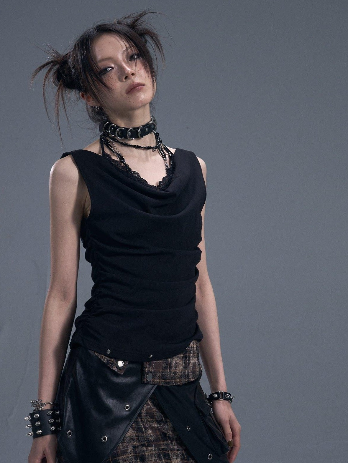 Frustration Garden Original Ruched Lace Studded Tie Slim Fit Faux Layer Black Women Tank Tops