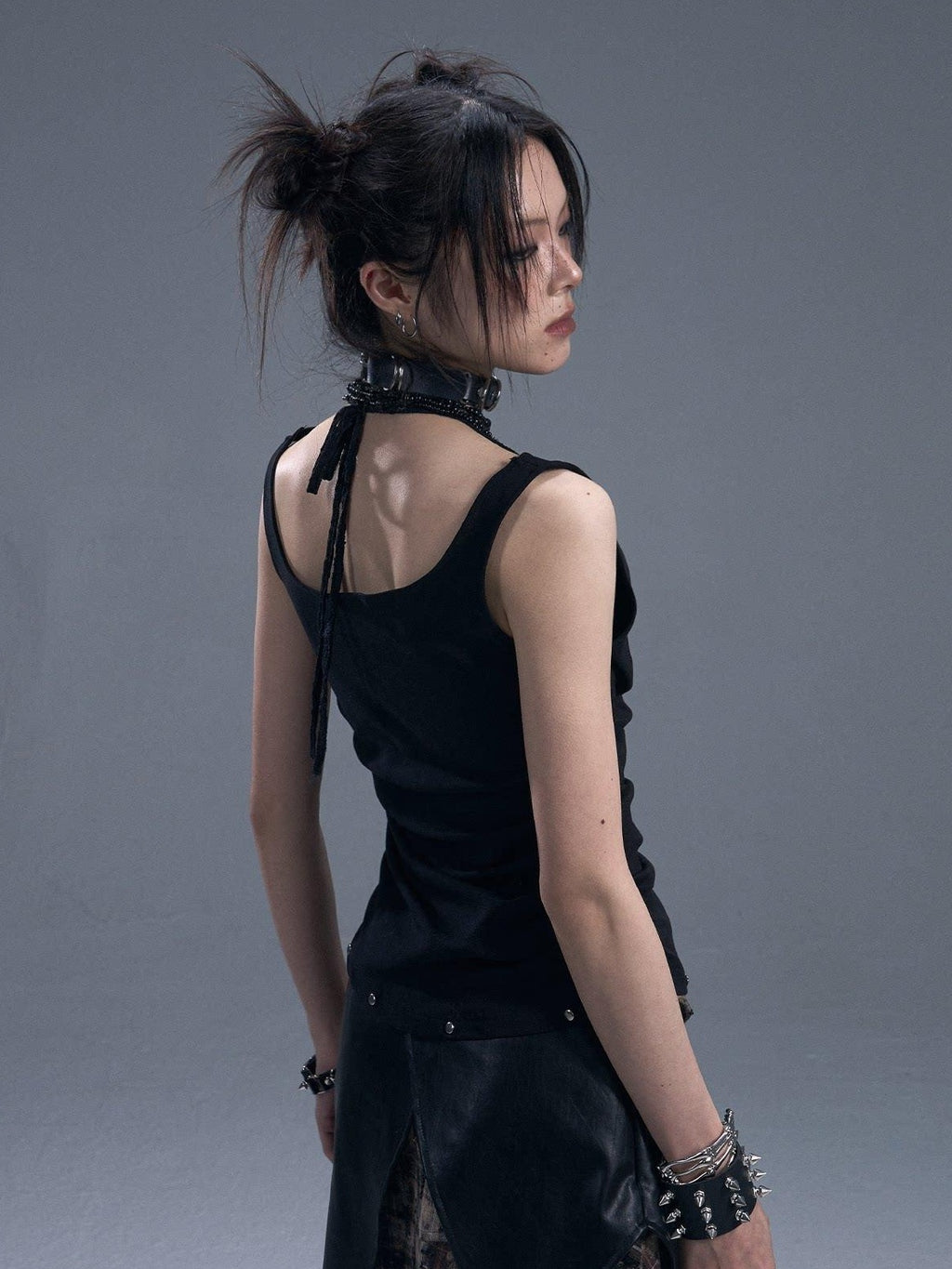 Frustration Garden Original Ruched Lace Studded Tie Slim Fit Faux Layer Black Women Tank Tops