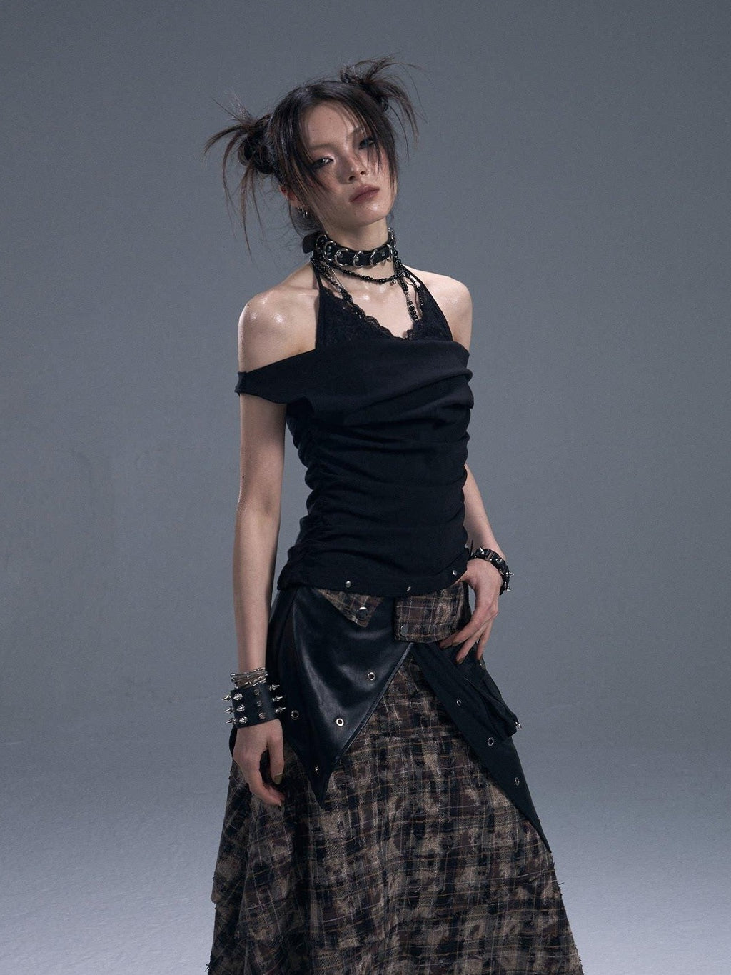 Frustration Garden Original Ruched Lace Studded Tie Slim Fit Faux Layer Black Women Tank Tops