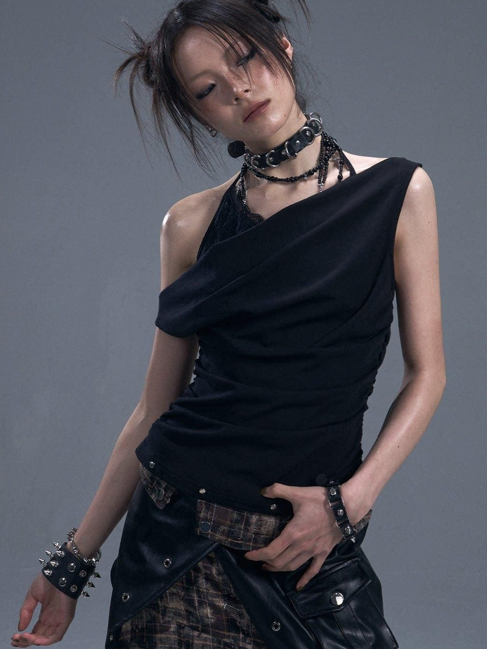 Frustration Garden Original Ruched Lace Studded Tie Slim Fit Faux Layer Black Women Tank Tops