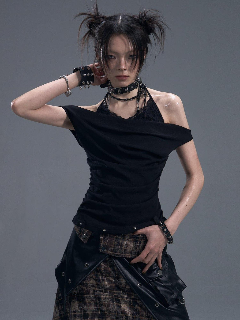 Frustration Garden Original Ruched Lace Studded Tie Slim Fit Faux Layer Black Women Tank Tops