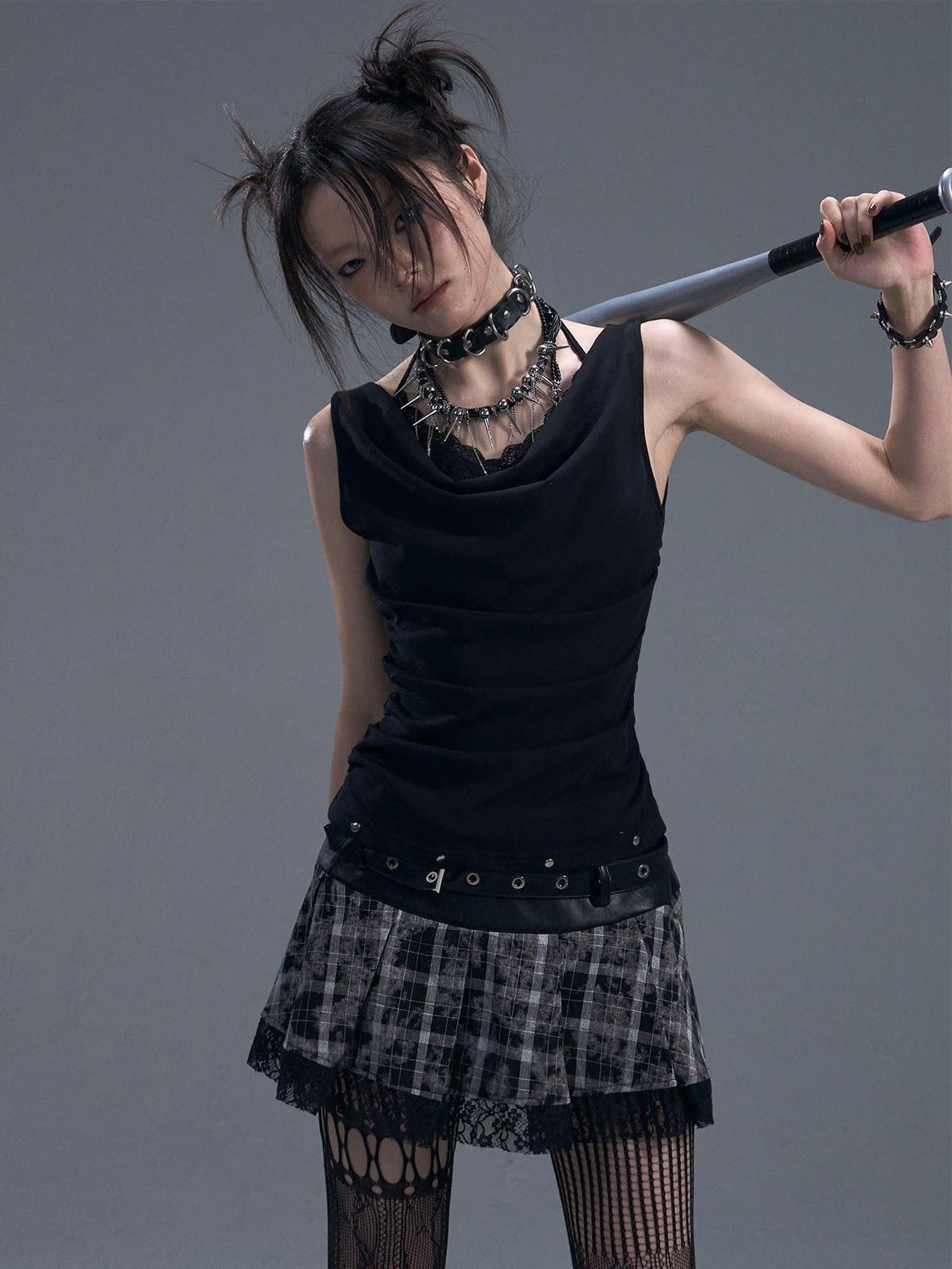 Frustration Garden Original Ruched Lace Studded Tie Slim Fit Faux Layer Black Women Tank Tops