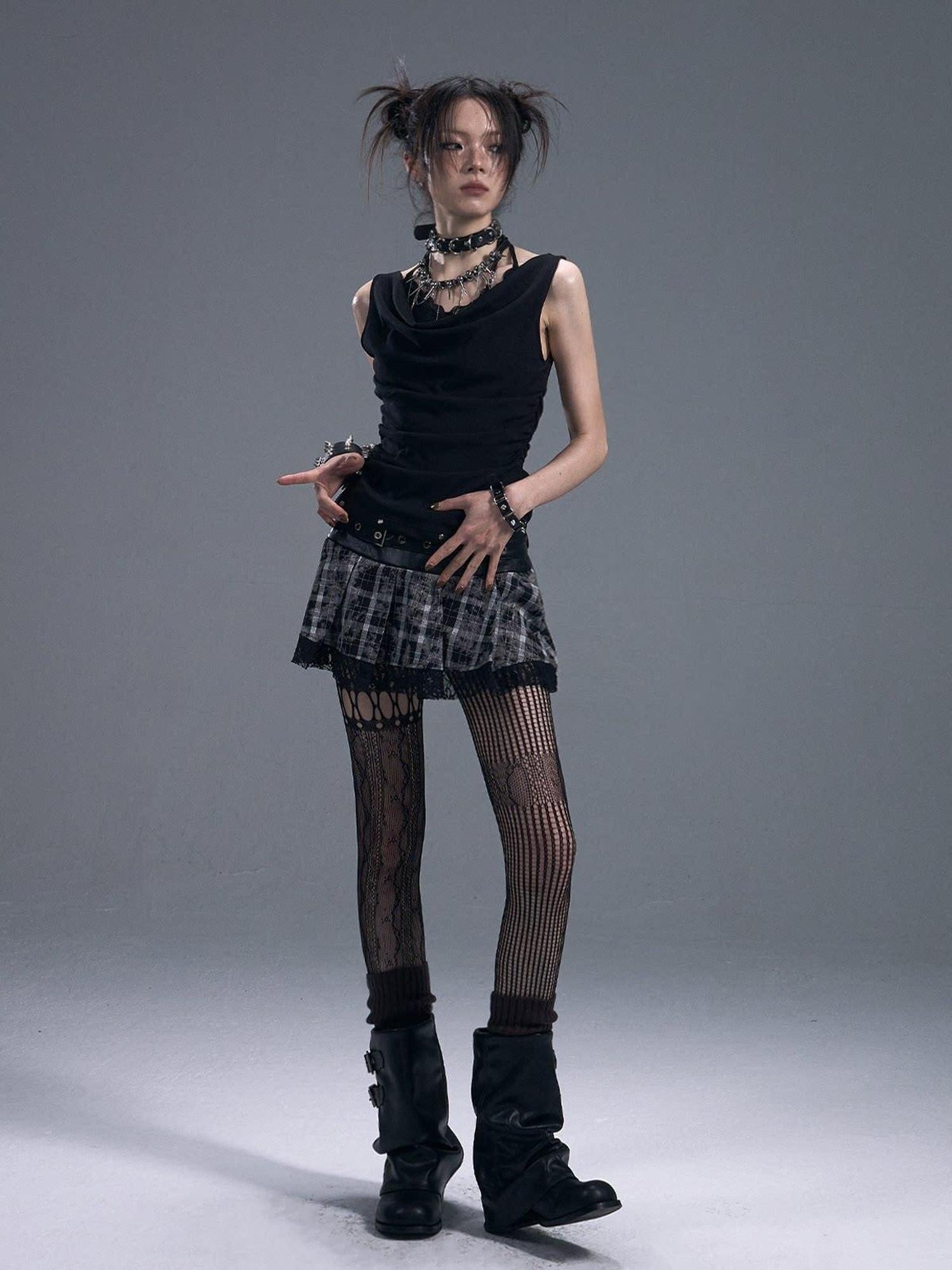 Frustration Garden Original Ruched Lace Studded Tie Slim Fit Faux Layer Black Women Tank Tops