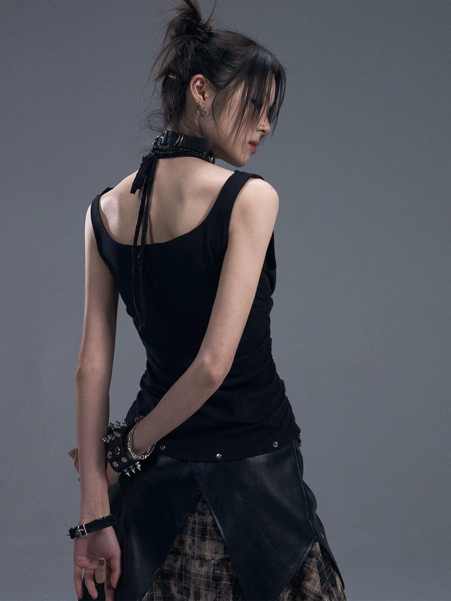 Frustration Garden Original Ruched Lace Studded Tie Slim Fit Faux Layer Black Women Tank Tops