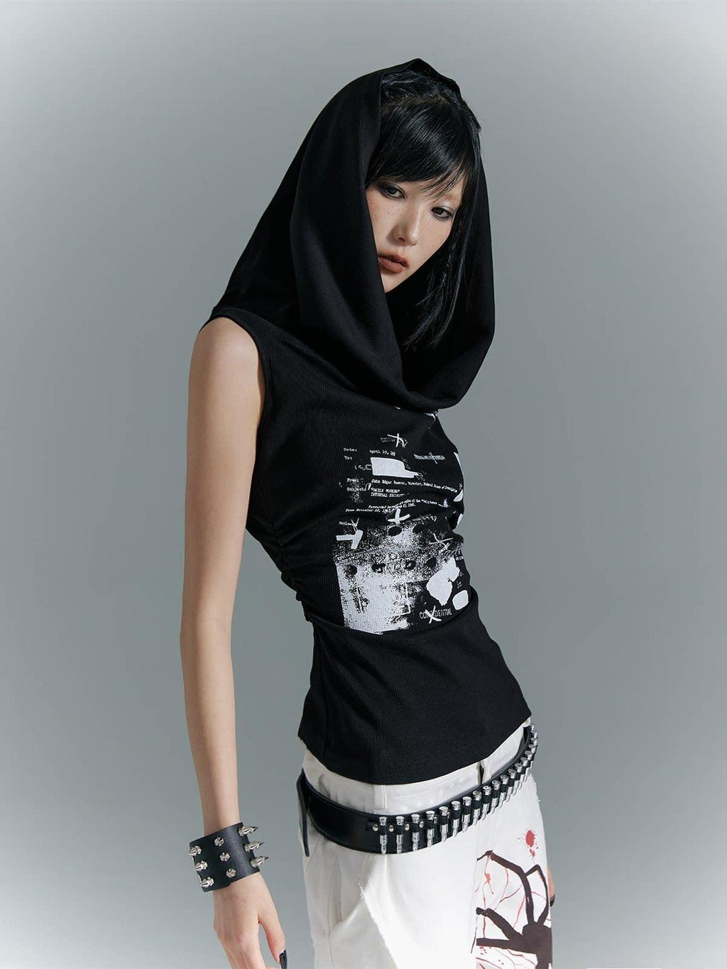 Frustration Garden Original Ruching Print Slim Fit Cropped Women Black Polycotton Stretch Tank Tops