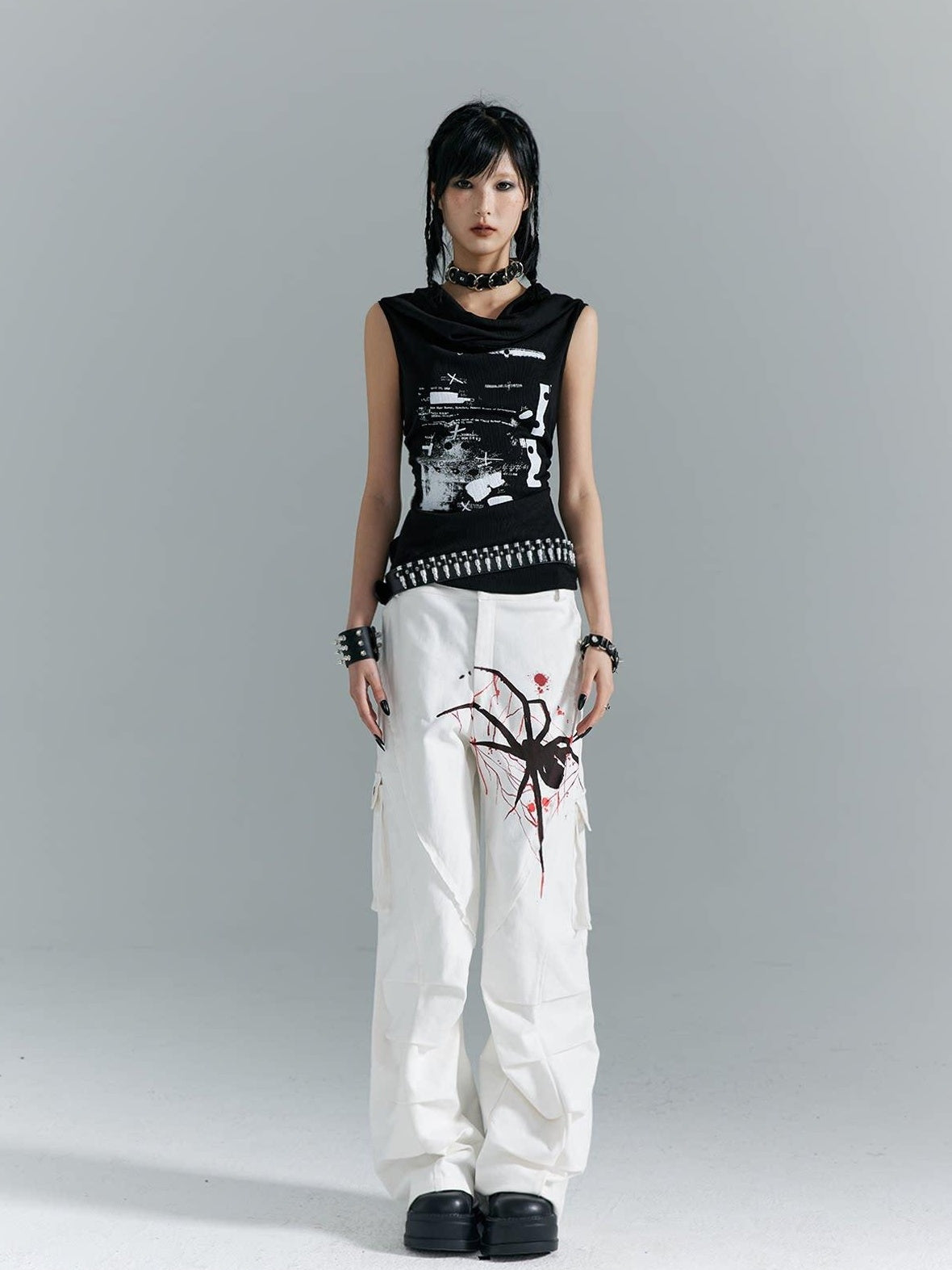 Frustration Garden Original Ruching Print Slim Fit Cropped Women Black Polycotton Stretch Tank Tops