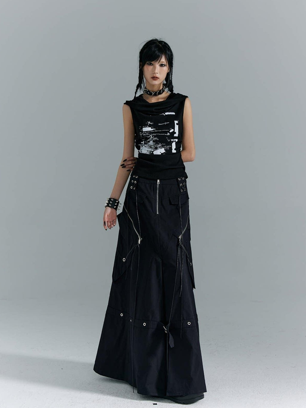 Frustration Garden Original Ruching Print Slim Fit Cropped Women Black Polycotton Stretch Tank Tops