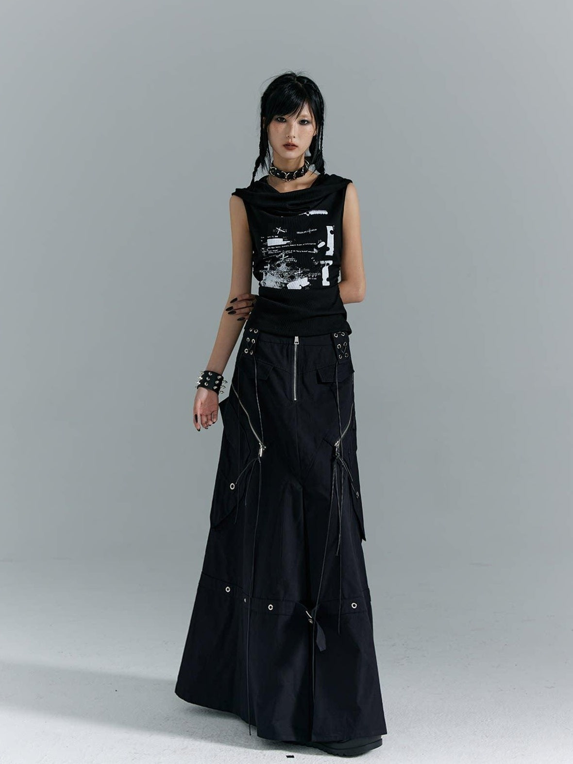 Frustration Garden Original Ruching Print Slim Fit Cropped Women Black Polycotton Stretch Tank Tops