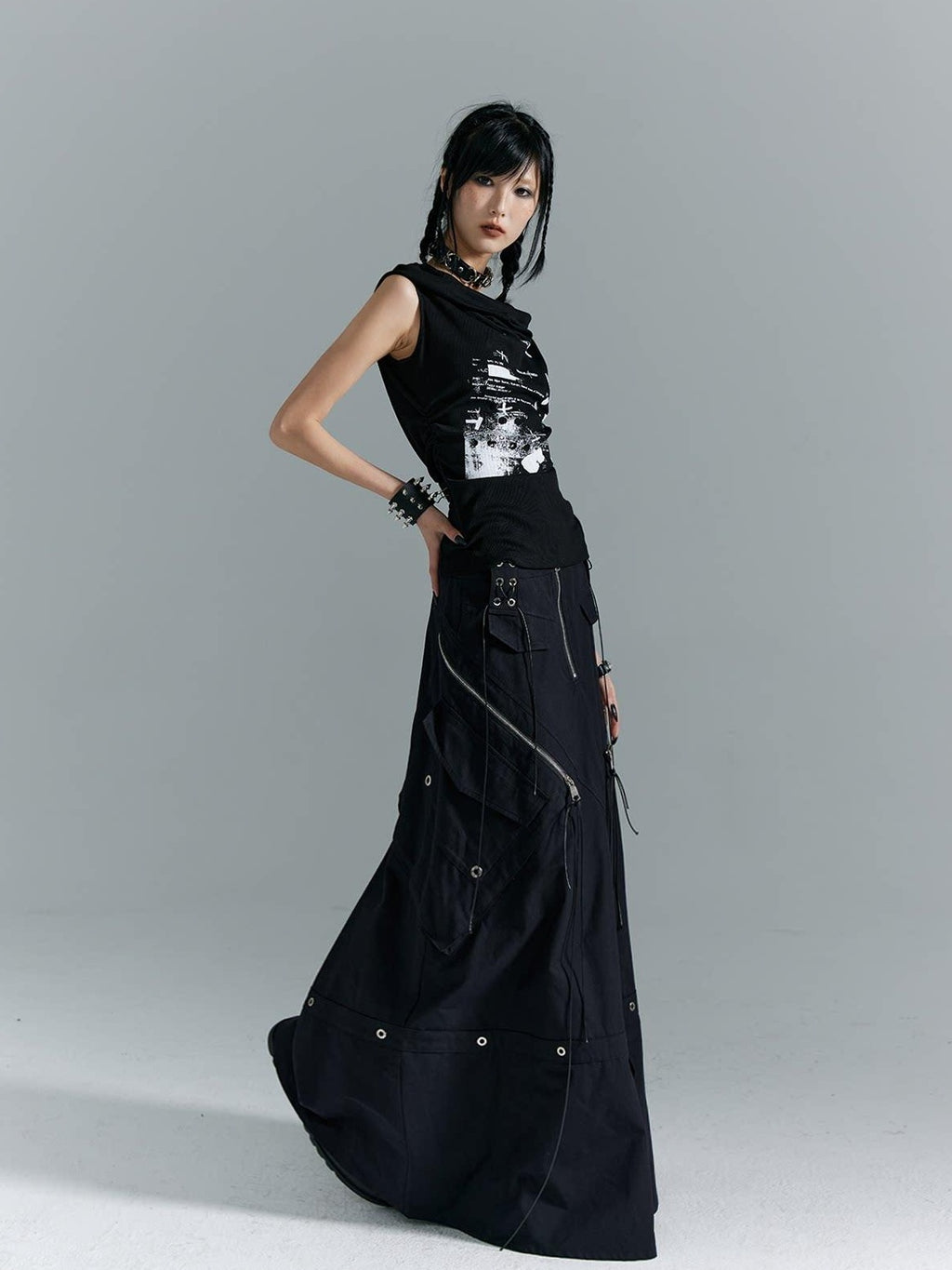 Frustration Garden Original Ruching Print Slim Fit Cropped Women Black Polycotton Stretch Tank Tops