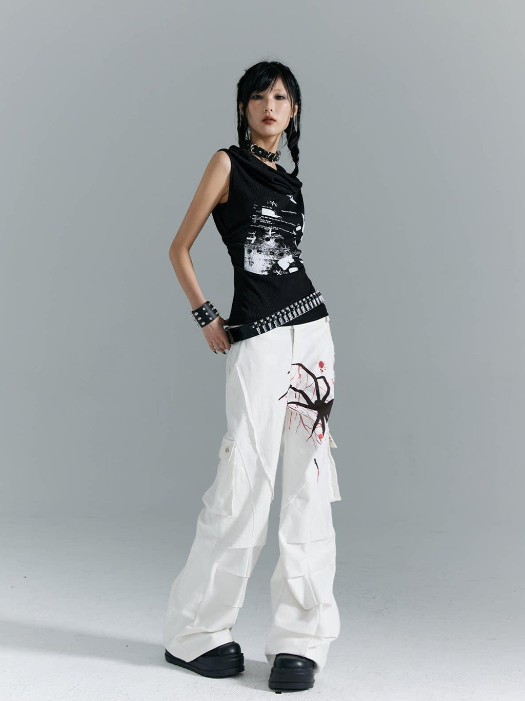 Frustration Garden Original Ruching Print Slim Fit Cropped Women Black Polycotton Stretch Tank Tops