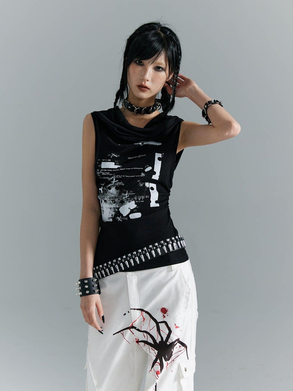 Frustration Garden Original Ruching Print Slim Fit Cropped Women Black Polycotton Stretch Tank Tops