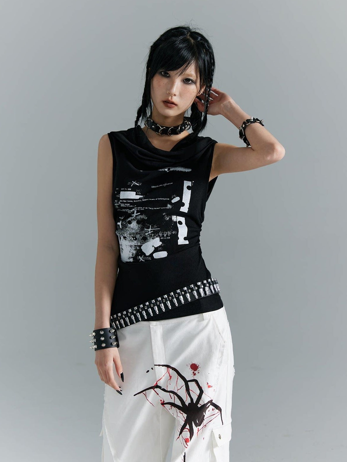 Frustration Garden Original Ruching Print Slim Fit Cropped Women Black Polycotton Stretch Tank Tops