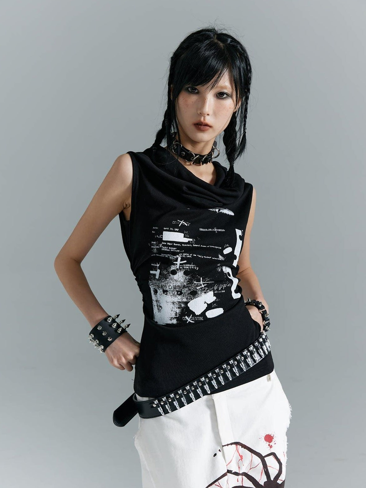 Frustration Garden Original Ruching Print Slim Fit Cropped Women Black Polycotton Stretch Tank Tops