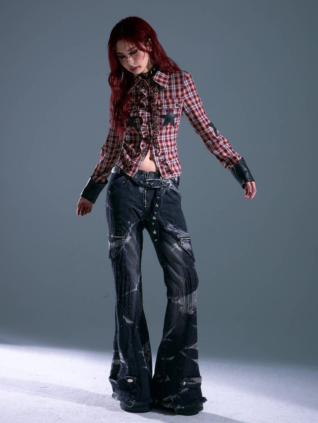 Frustration Garden Original Slim Cropped Button Tie Patchwork Plaid Star Pocket Red Blouses