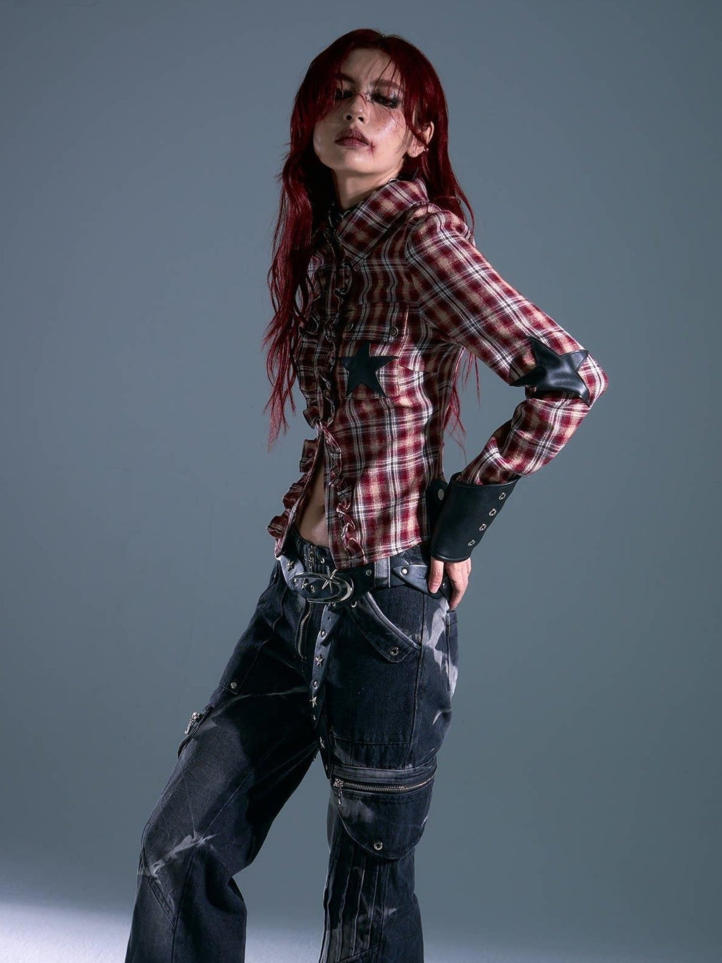 Frustration Garden Original Slim Cropped Button Tie Patchwork Plaid Star Pocket Red Blouses