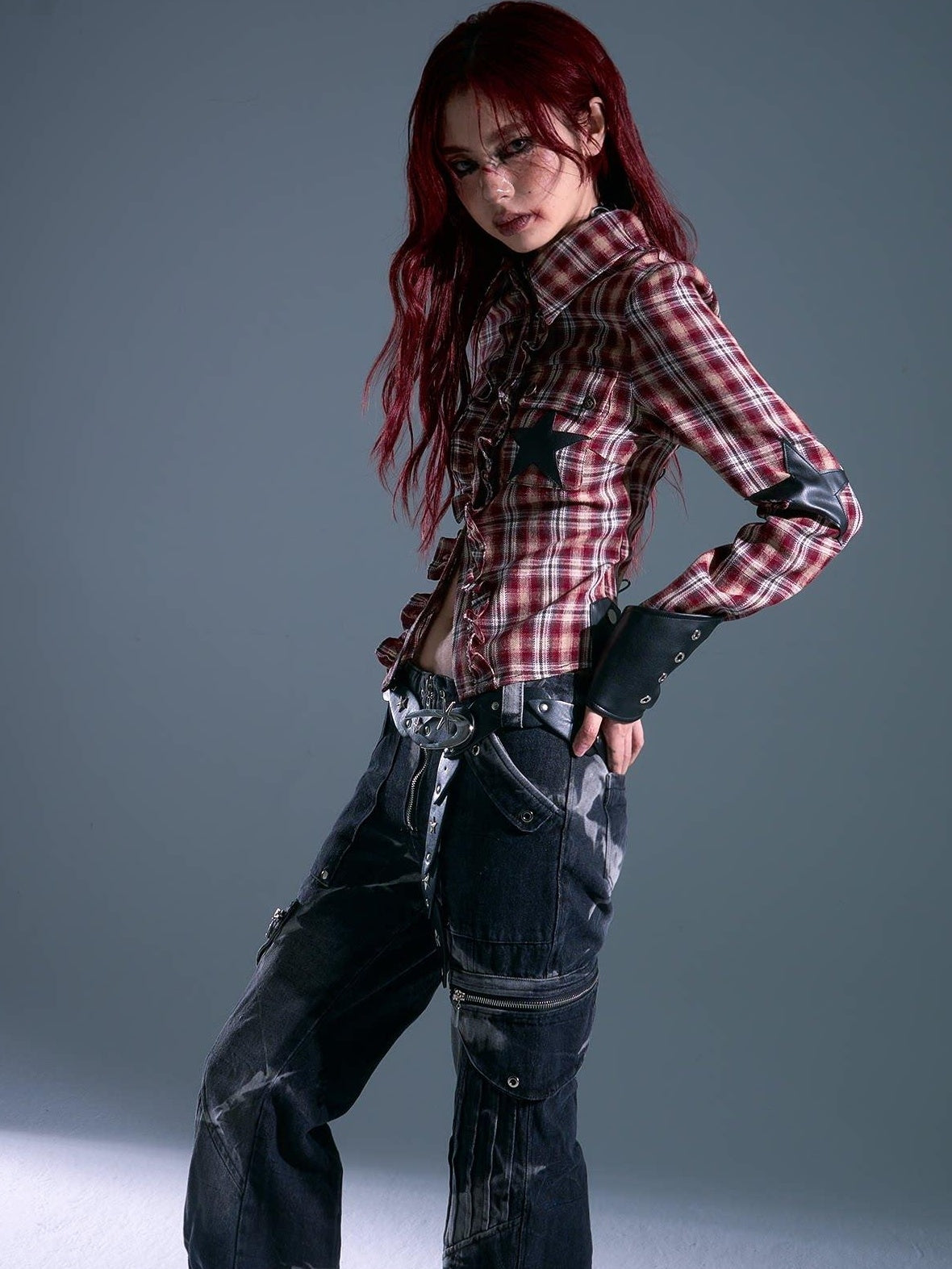 Frustration Garden Original Slim Cropped Button Tie Patchwork Plaid Star Pocket Red Blouses
