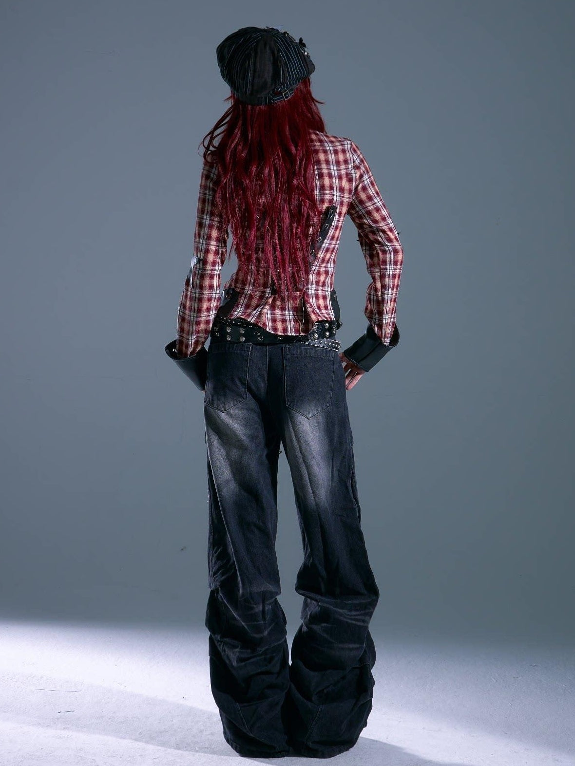 Frustration Garden Original Slim Cropped Button Tie Patchwork Plaid Star Pocket Red Blouses