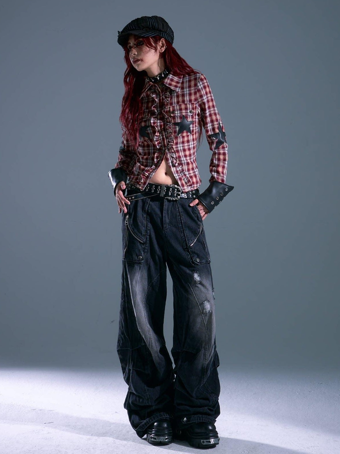 Frustration Garden Original Slim Cropped Button Tie Patchwork Plaid Star Pocket Red Blouses