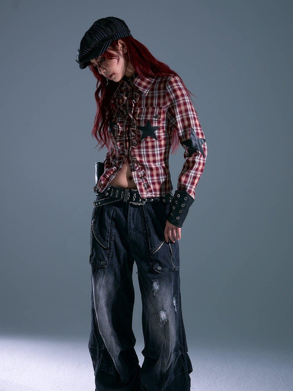 Frustration Garden Original Slim Cropped Button Tie Patchwork Plaid Star Pocket Red Blouses