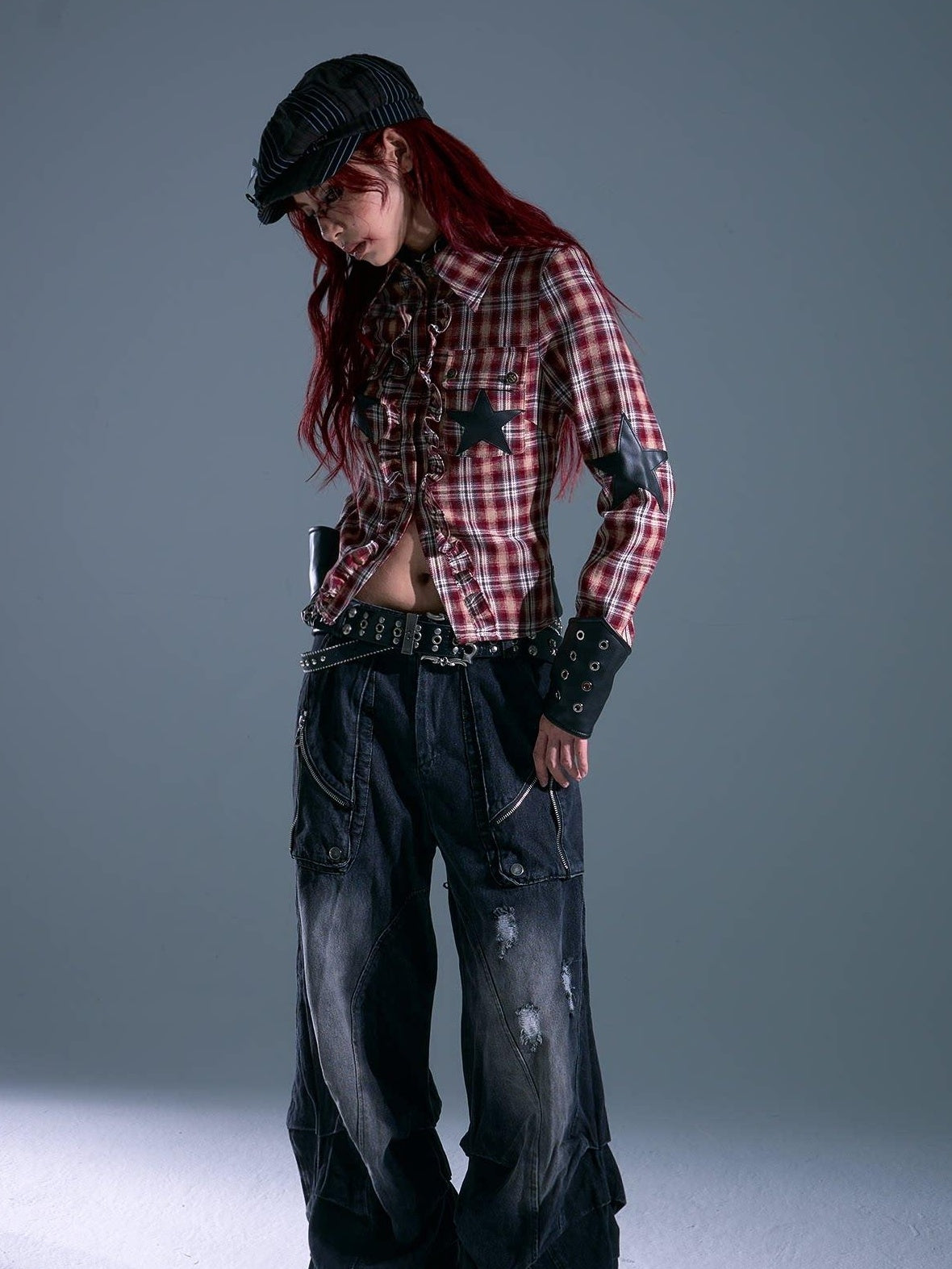 Frustration Garden Original Slim Cropped Button Tie Patchwork Plaid Star Pocket Red Blouses