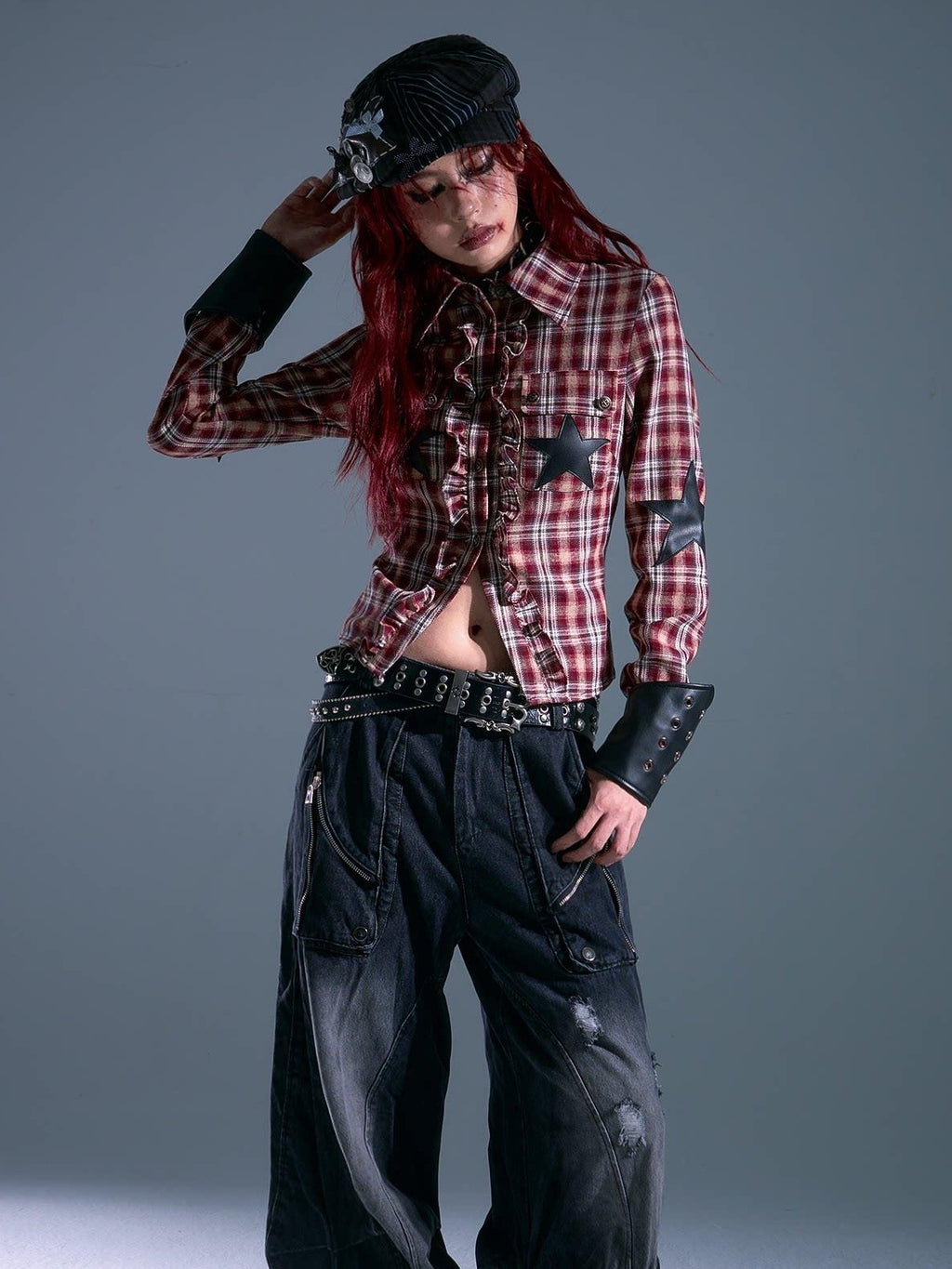 Frustration Garden Original Slim Cropped Button Tie Patchwork Plaid Star Pocket Red Blouses