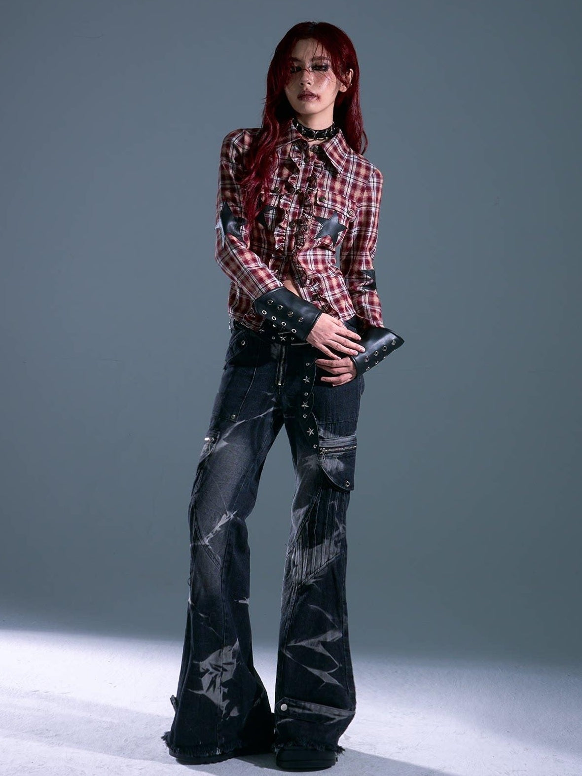 Frustration Garden Original Slim Cropped Button Tie Patchwork Plaid Star Pocket Red Blouses