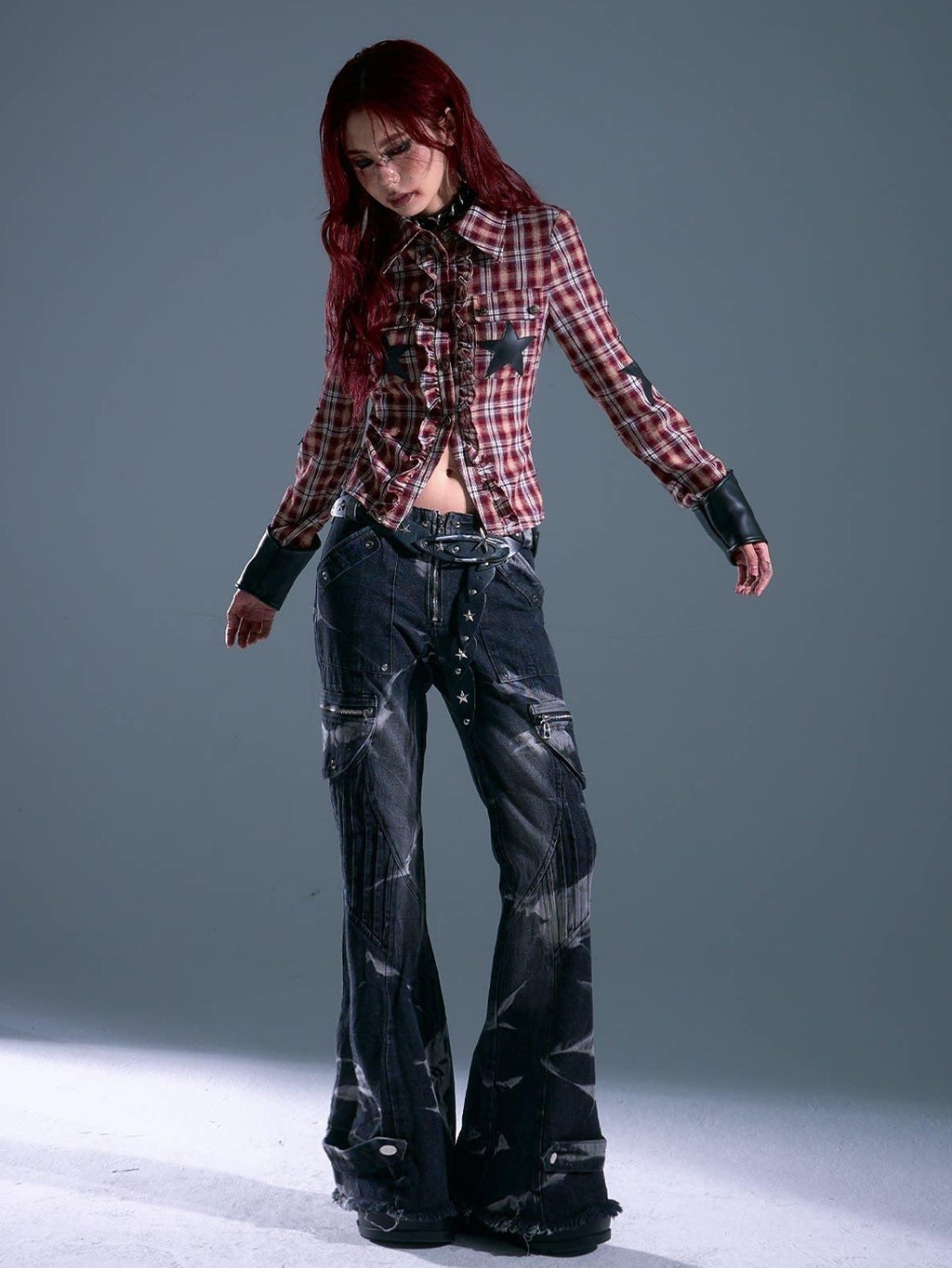 Frustration Garden Original Slim Cropped Button Tie Patchwork Plaid Star Pocket Red Blouses