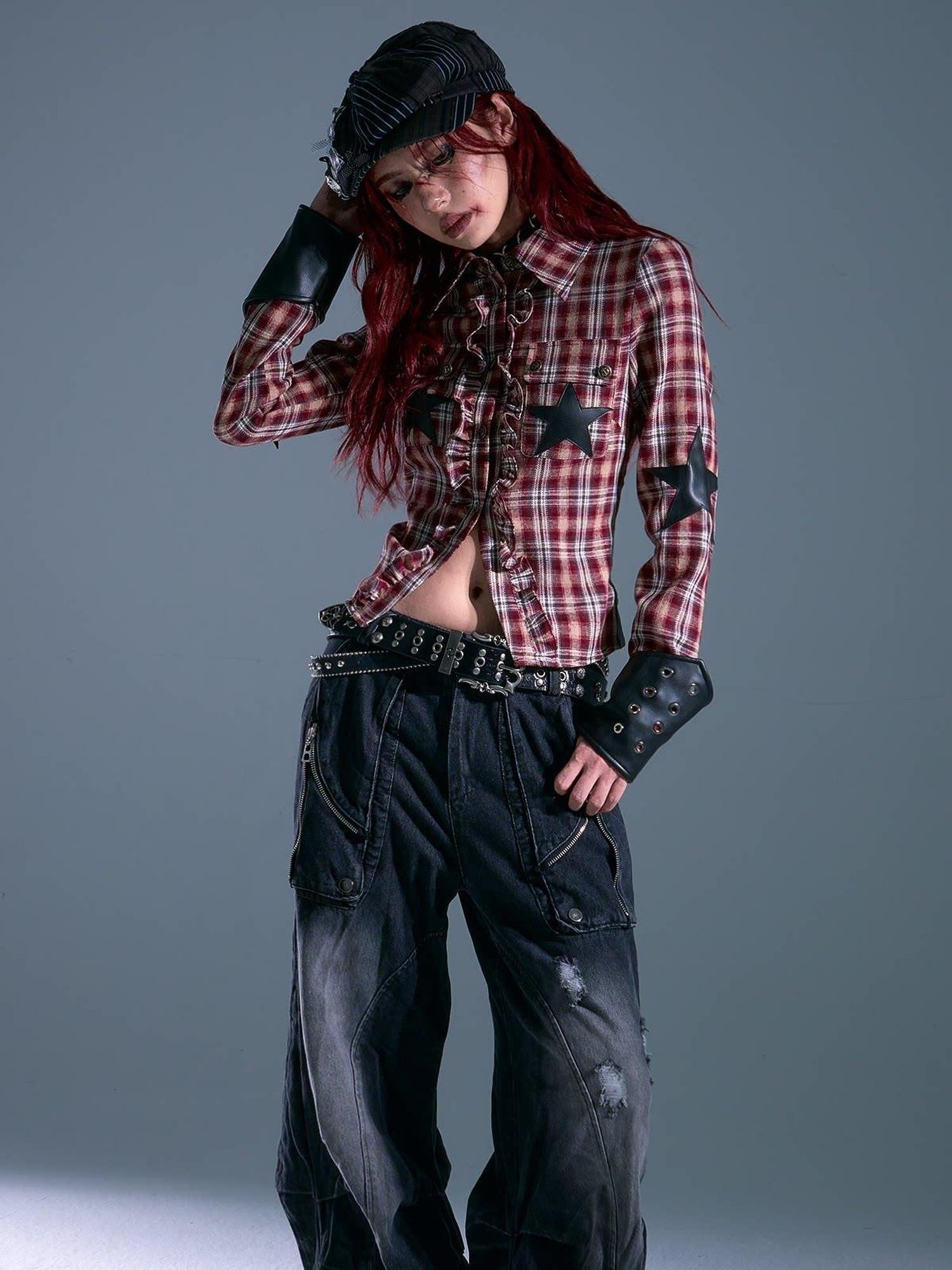 Frustration Garden Original Slim Cropped Button Tie Patchwork Plaid Star Pocket Red Blouses