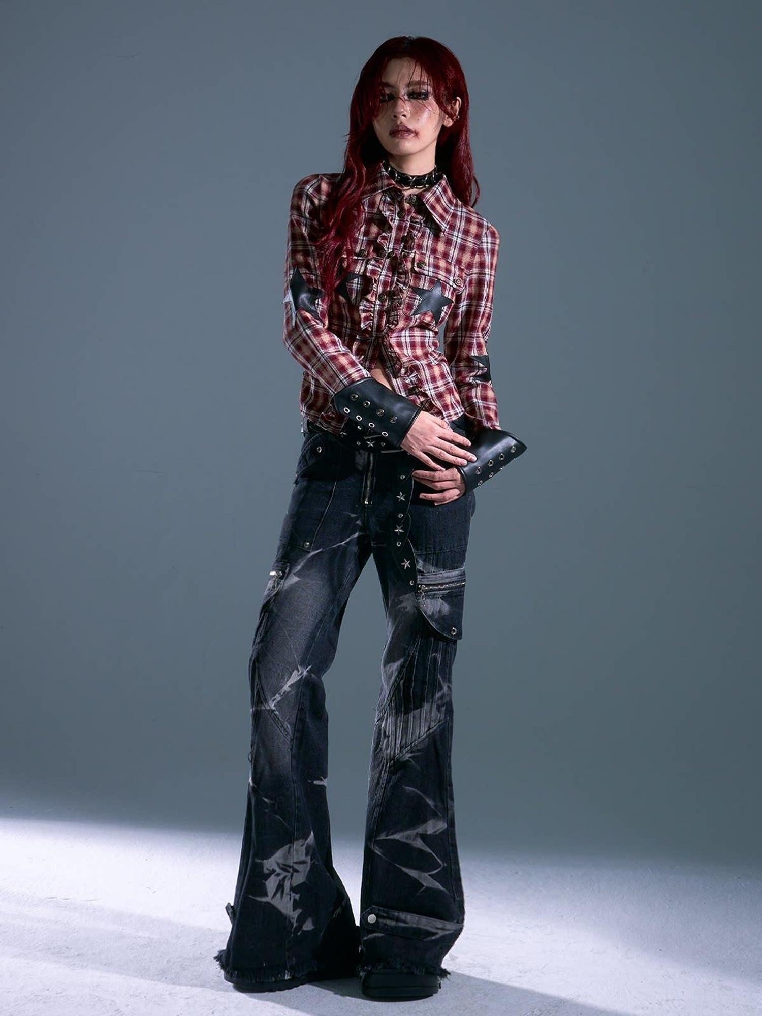 Frustration Garden Original Slim Cropped Button Tie Patchwork Plaid Star Pocket Red Blouses