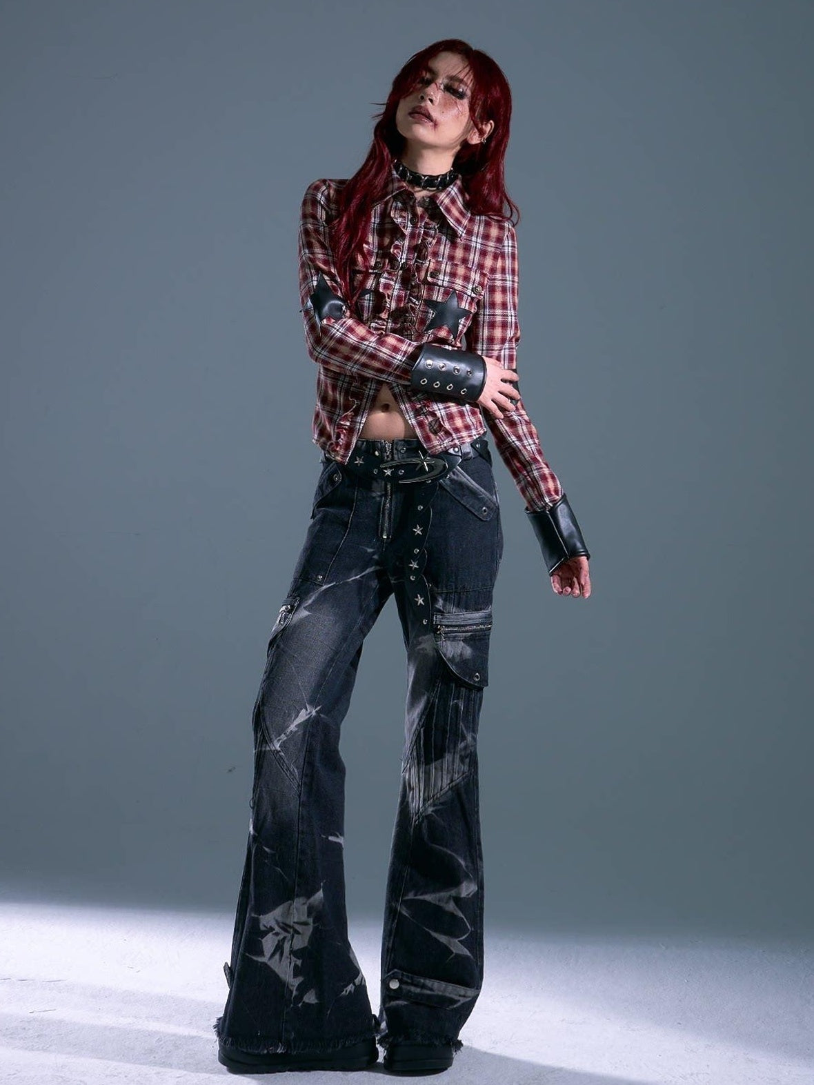 Frustration Garden Original Slim Cropped Button Tie Patchwork Plaid Star Pocket Red Blouses