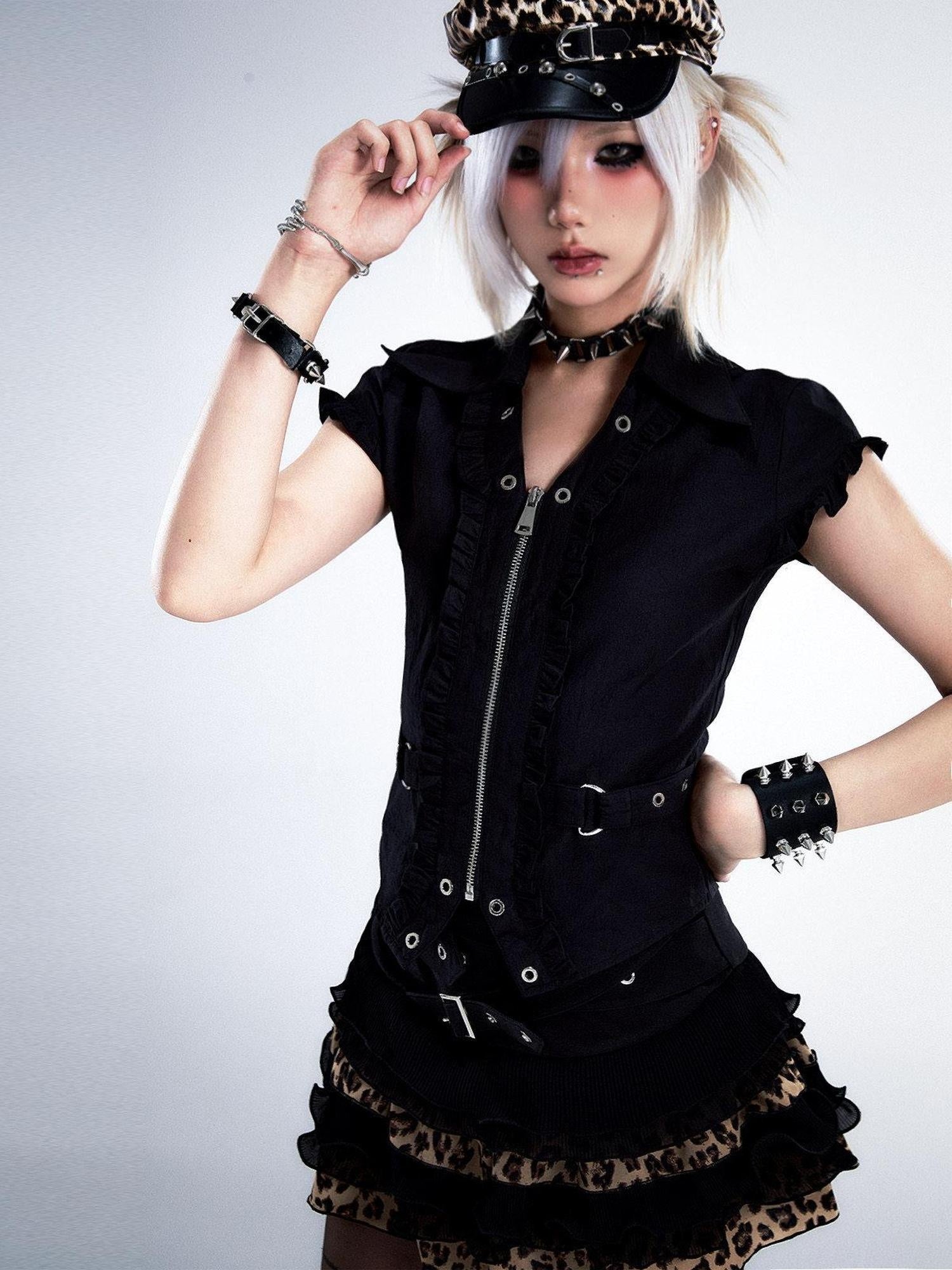 Frustration Garden Original Slim Fit 3D Ruffle Zip Lapel Crop Cotton Black Women Blouses