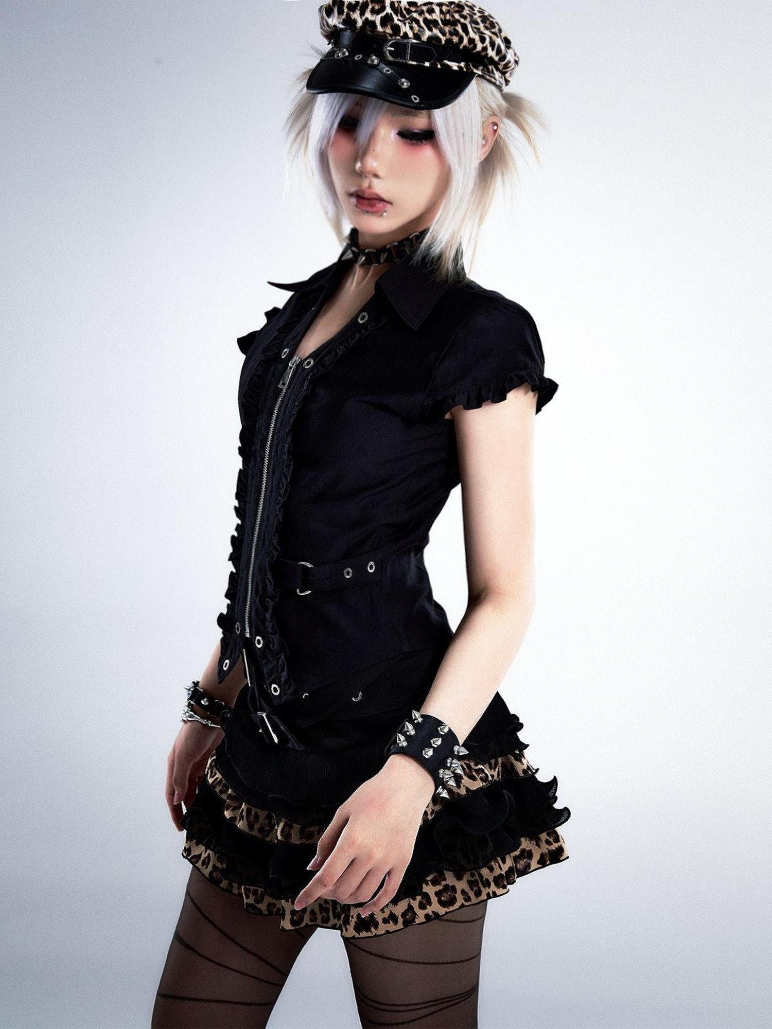 Frustration Garden Original Slim Fit 3D Ruffle Zip Lapel Crop Cotton Black Women Blouses
