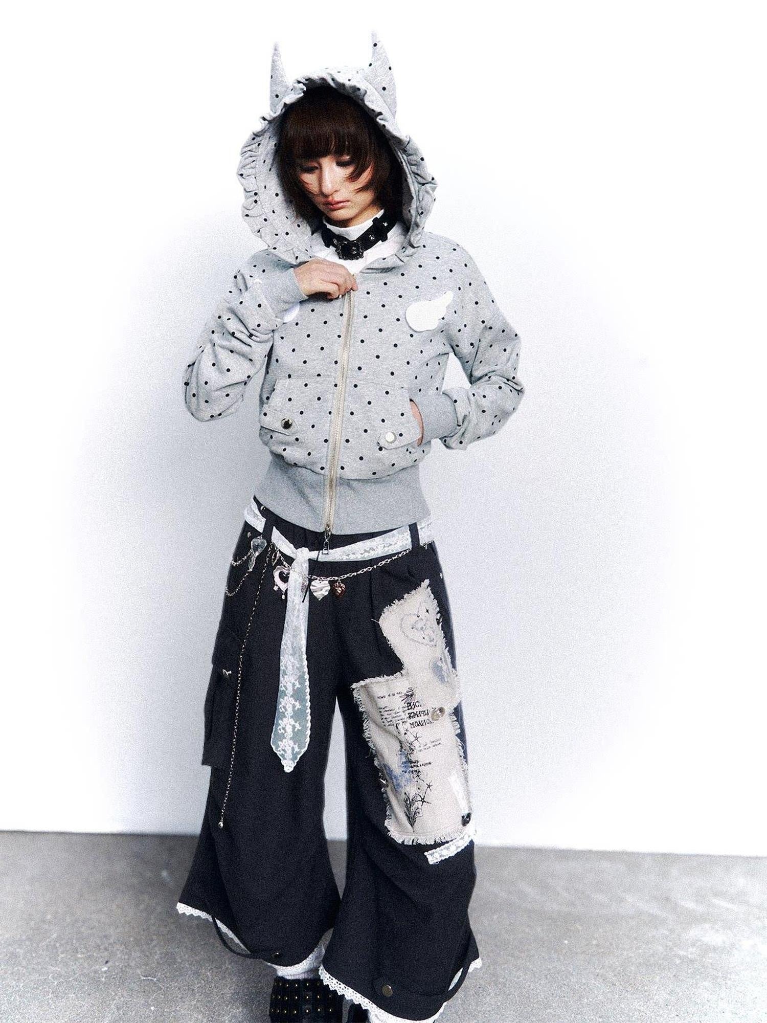 Frustration Garden Original Slim Fit Hooded Zip Up Polka Dot Metal Trim Pocket Ribbed Hem Hoodies
