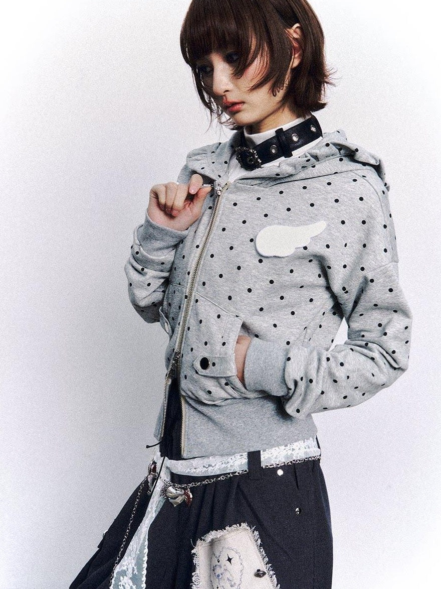 Frustration Garden Original Slim Fit Hooded Zip Up Polka Dot Metal Trim Pocket Ribbed Hem Hoodies