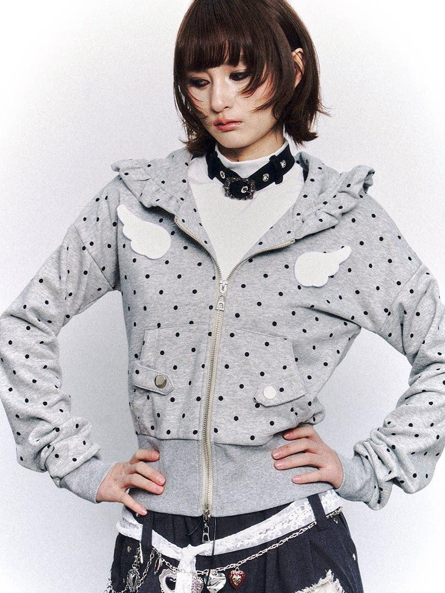 Frustration Garden Original Slim Fit Hooded Zip Up Polka Dot Metal Trim Pocket Ribbed Hem Hoodies