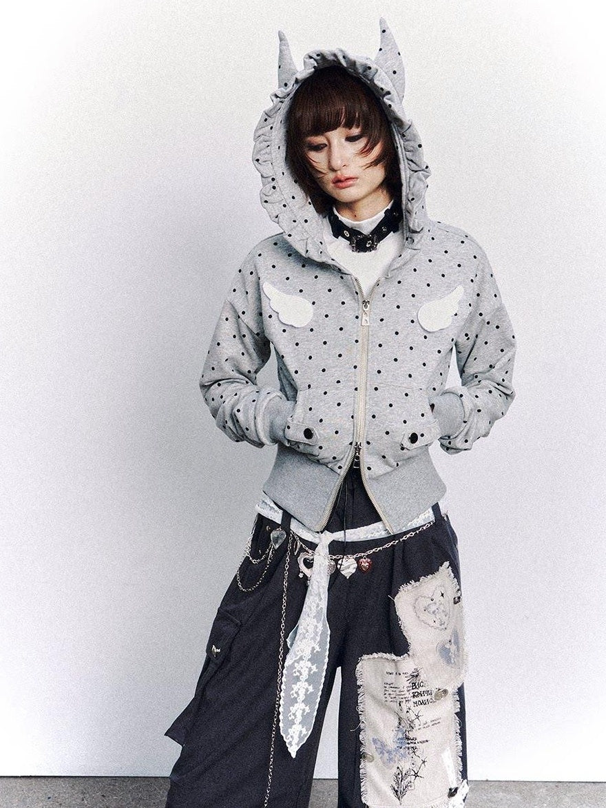 Frustration Garden Original Slim Fit Hooded Zip Up Polka Dot Metal Trim Pocket Ribbed Hem Hoodies