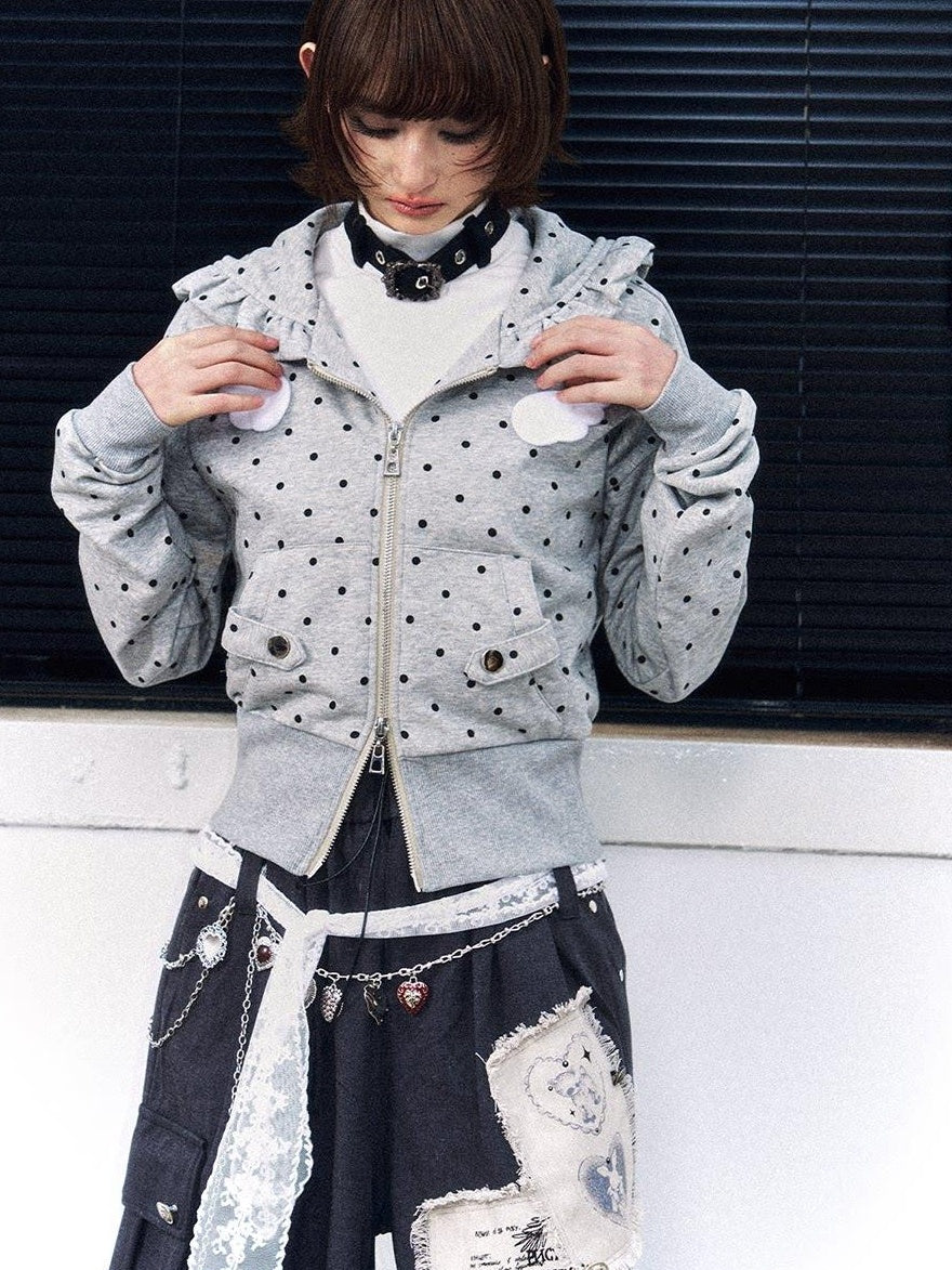 Frustration Garden Original Slim Fit Hooded Zip Up Polka Dot Metal Trim Pocket Ribbed Hem Hoodies