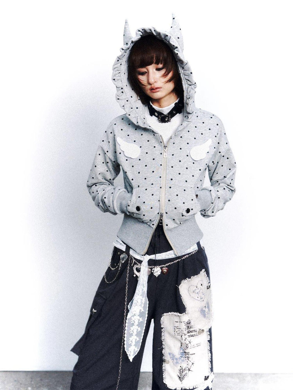 Frustration Garden Original Slim Fit Hooded Zip Up Polka Dot Metal Trim Pocket Ribbed Hem Hoodies