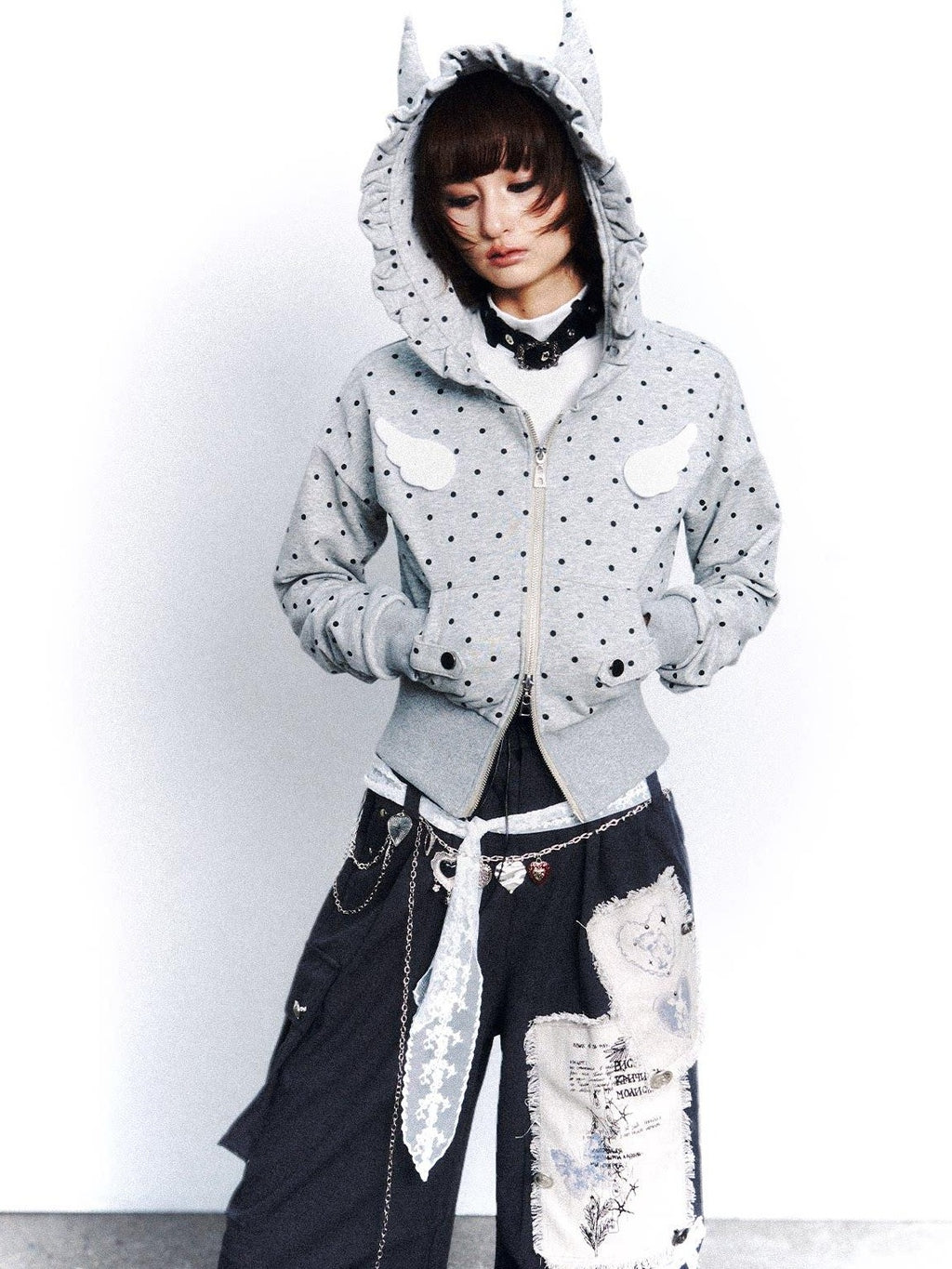 Frustration Garden Original Slim Fit Hooded Zip Up Polka Dot Metal Trim Pocket Ribbed Hem Hoodies