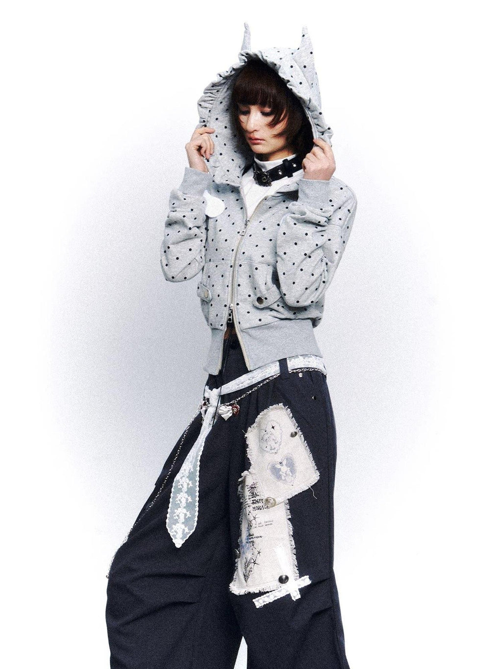 Frustration Garden Original Slim Fit Hooded Zip Up Polka Dot Metal Trim Pocket Ribbed Hem Hoodies