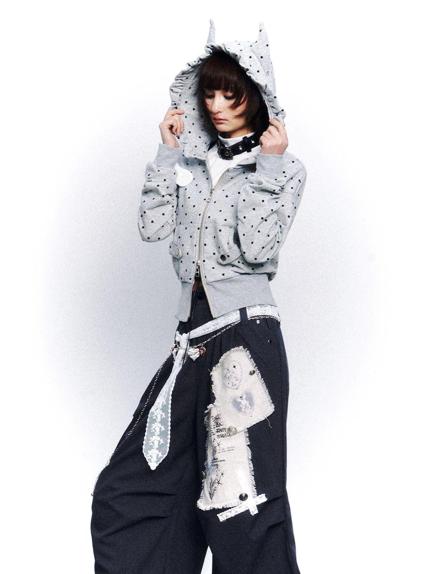 Frustration Garden Original Slim Fit Hooded Zip Up Polka Dot Metal Trim Pocket Ribbed Hem Hoodies