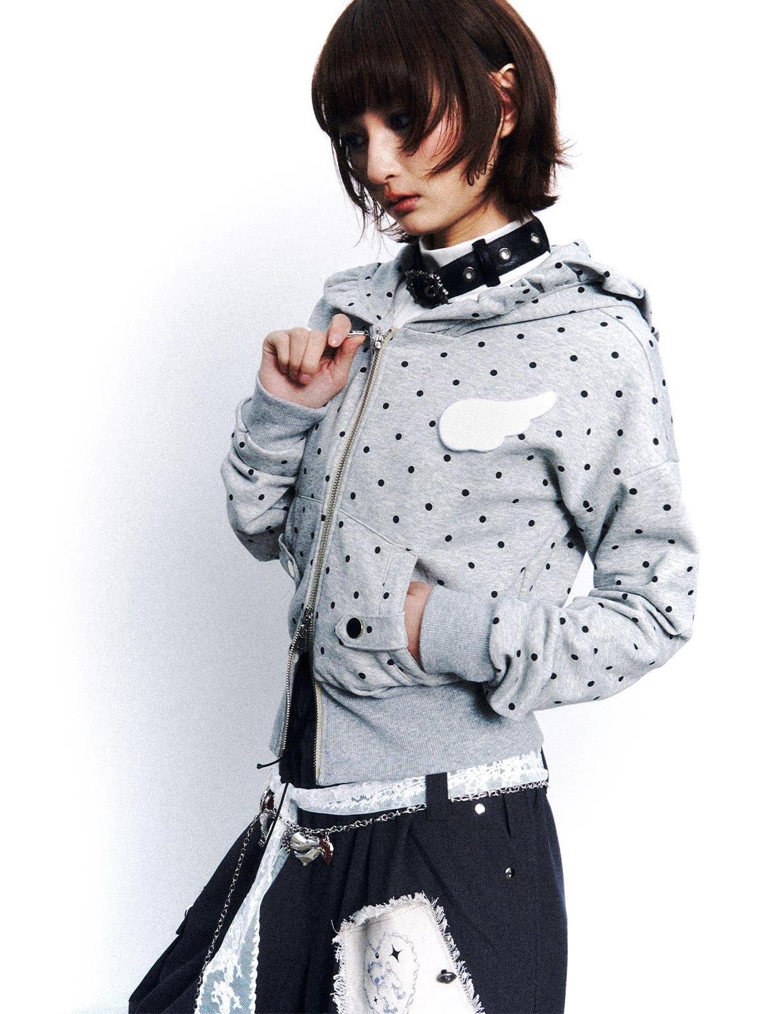 Frustration Garden Original Slim Fit Hooded Zip Up Polka Dot Metal Trim Pocket Ribbed Hem Hoodies