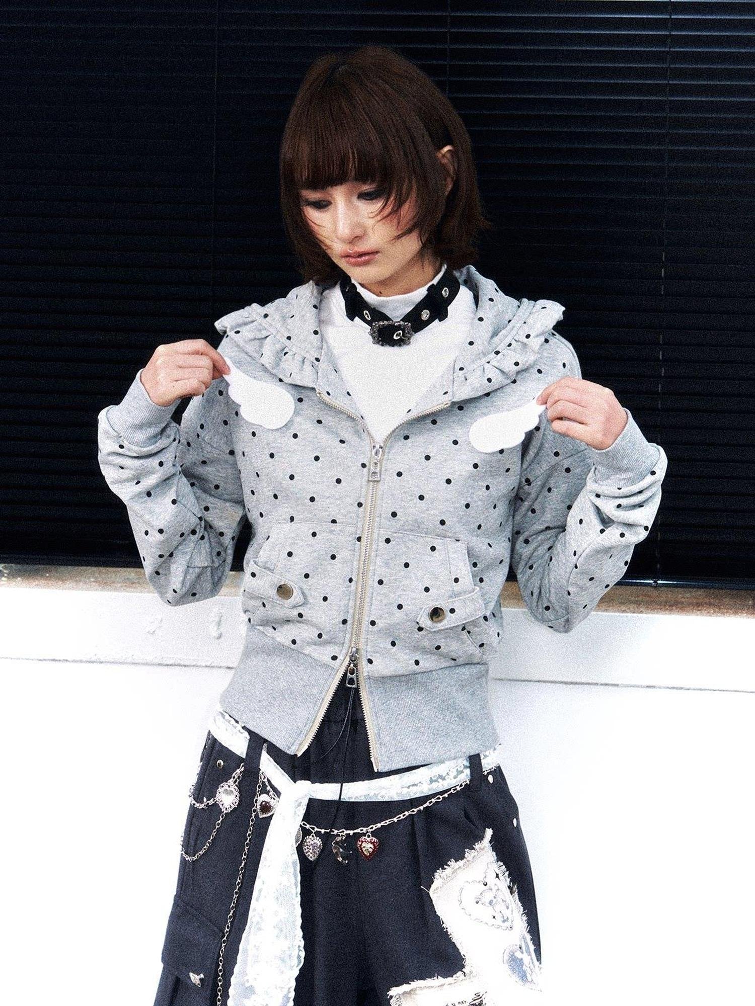 Frustration Garden Original Slim Fit Hooded Zip Up Polka Dot Metal Trim Pocket Ribbed Hem Hoodies
