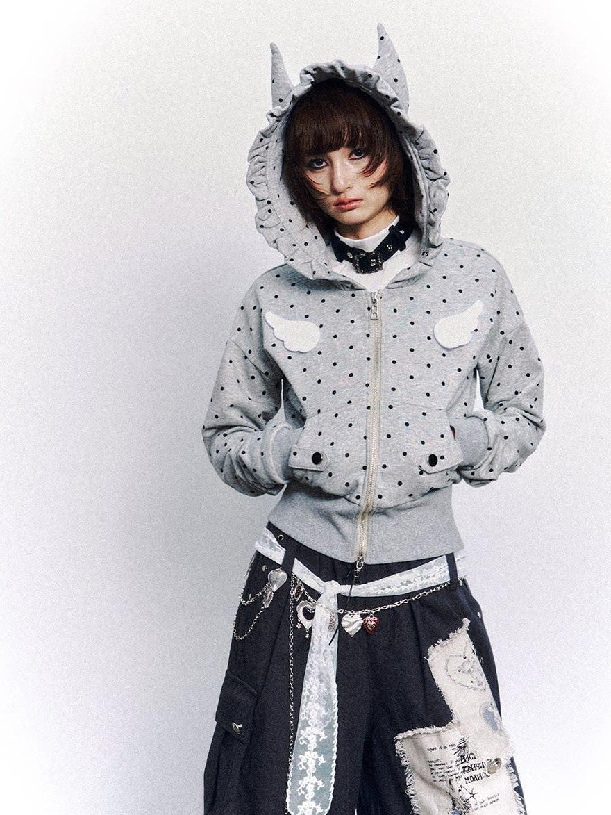 Frustration Garden Original Slim Fit Hooded Zip Up Polka Dot Metal Trim Pocket Ribbed Hem Hoodies