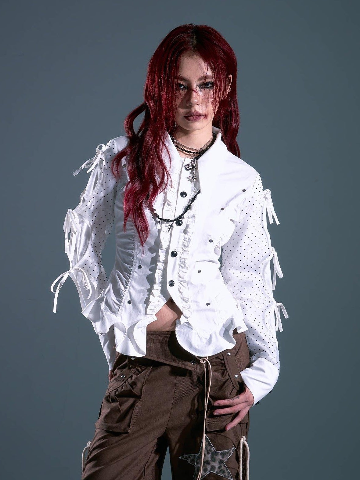 Frustration Garden Original Slim Fit Ruffle Button Tie Waist Polka Dot Cotton Long Sleeve Blouses