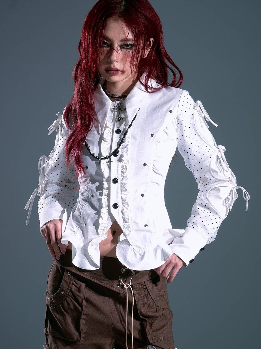 Frustration Garden Original Slim Fit Ruffle Button Tie Waist Polka Dot Cotton Long Sleeve Blouses