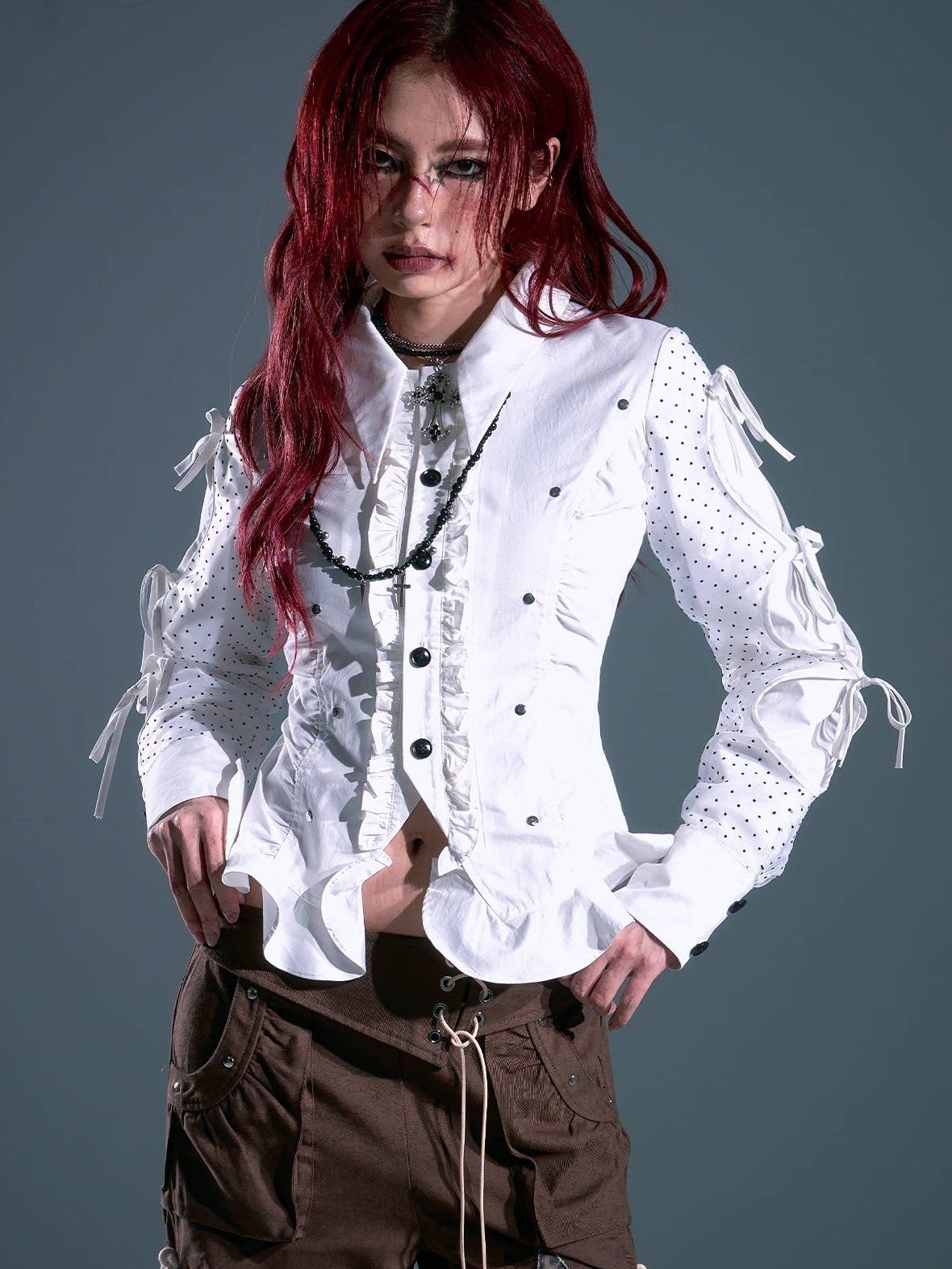 Frustration Garden Original Slim Fit Ruffle Button Tie Waist Polka Dot Cotton Long Sleeve Blouses