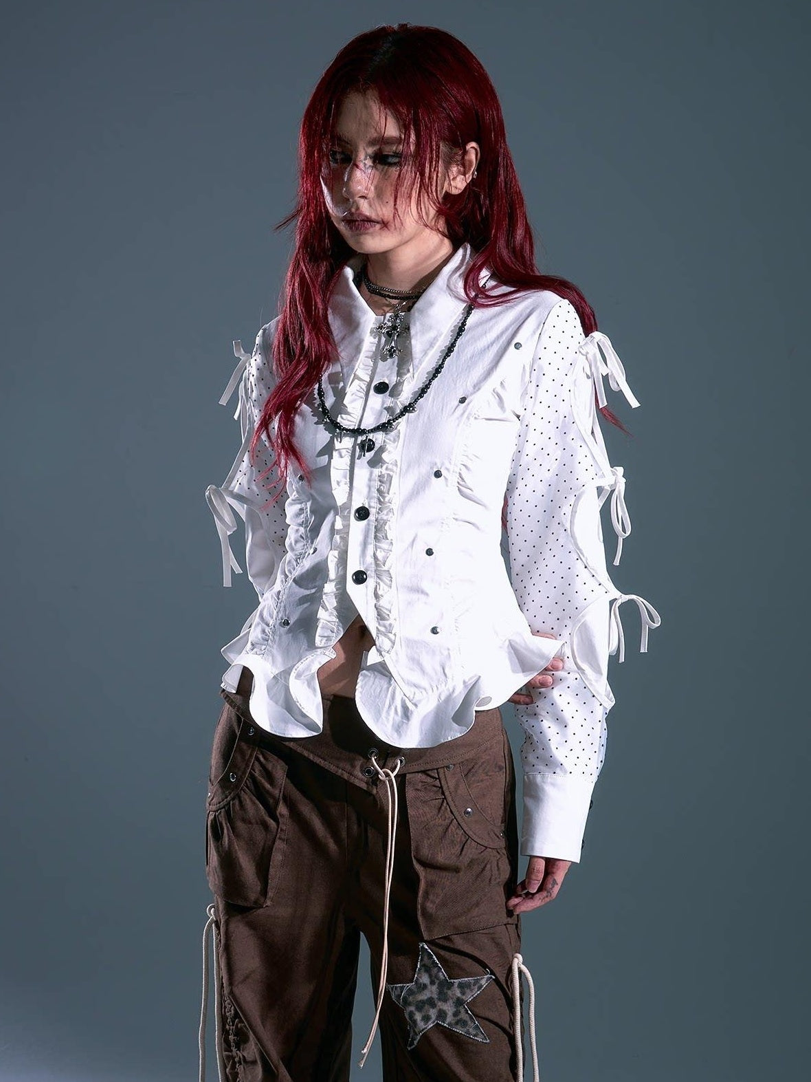 Frustration Garden Original Slim Fit Ruffle Button Tie Waist Polka Dot Cotton Long Sleeve Blouses