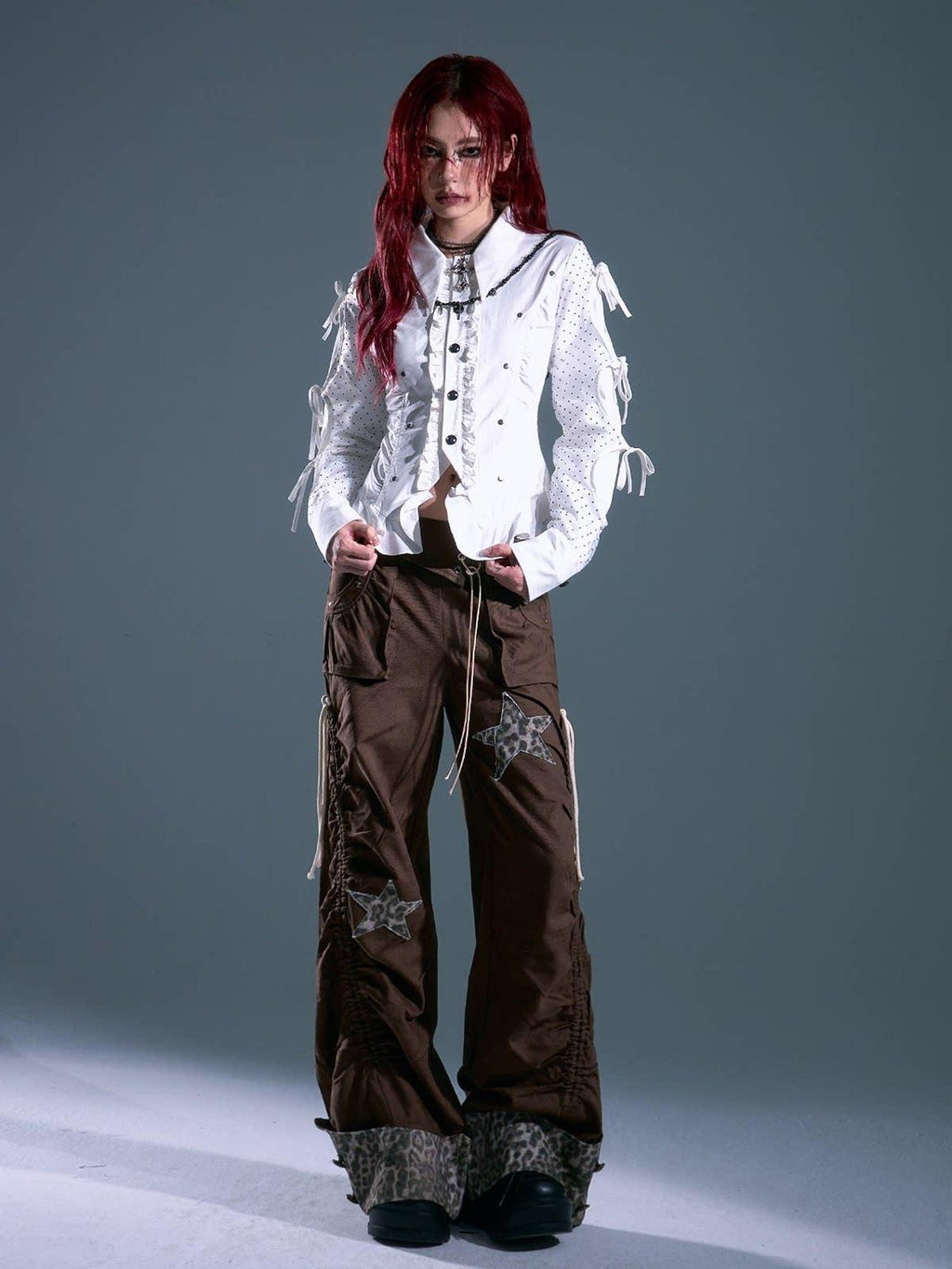 Frustration Garden Original Slim Fit Ruffle Button Tie Waist Polka Dot Cotton Long Sleeve Blouses
