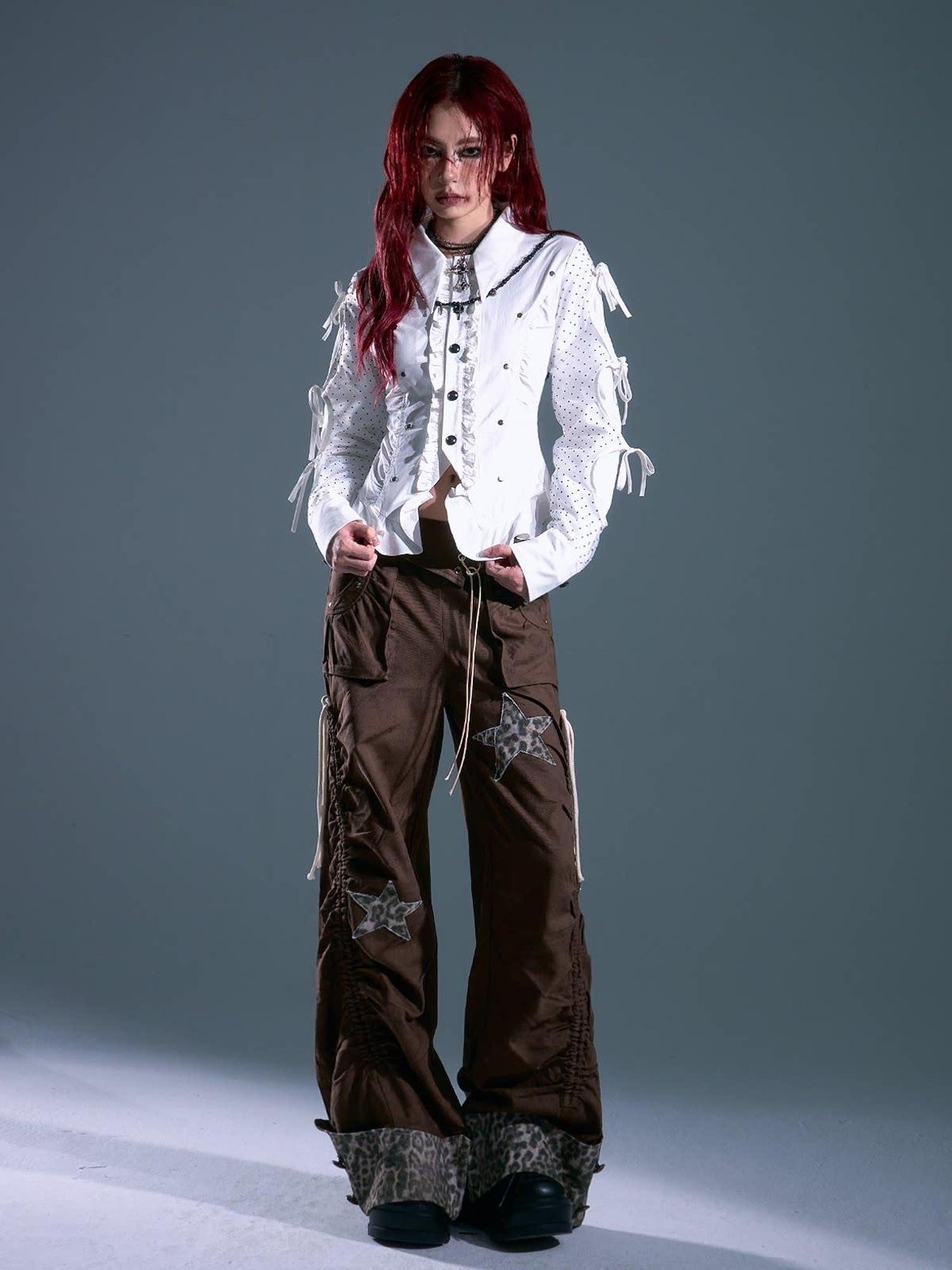 Frustration Garden Original Slim Fit Ruffle Button Tie Waist Polka Dot Cotton Long Sleeve Blouses